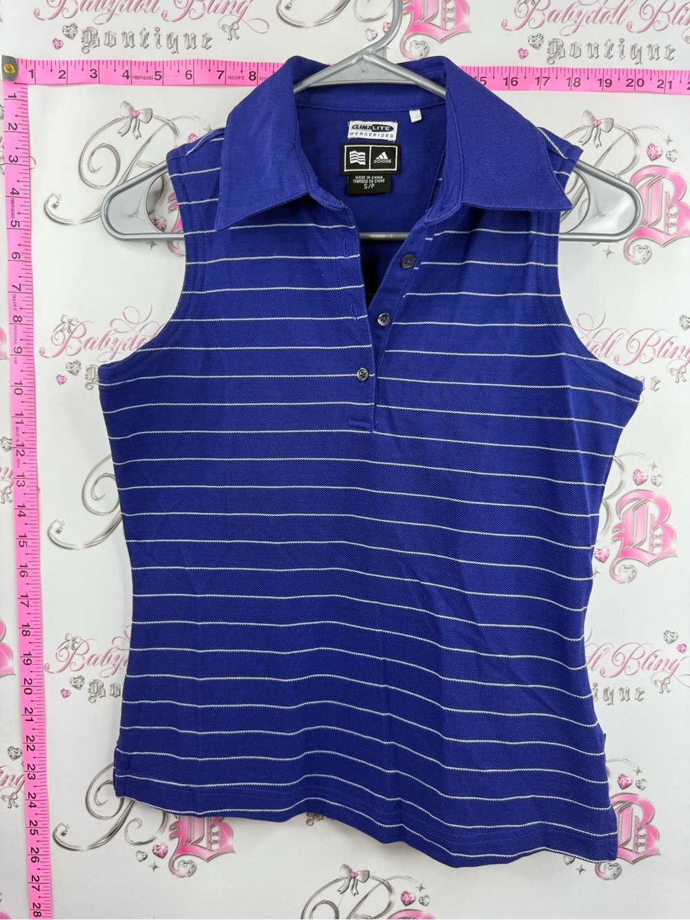 adidas climalite blue white Striped Sleeveless Polo Tank Top preppy buttons